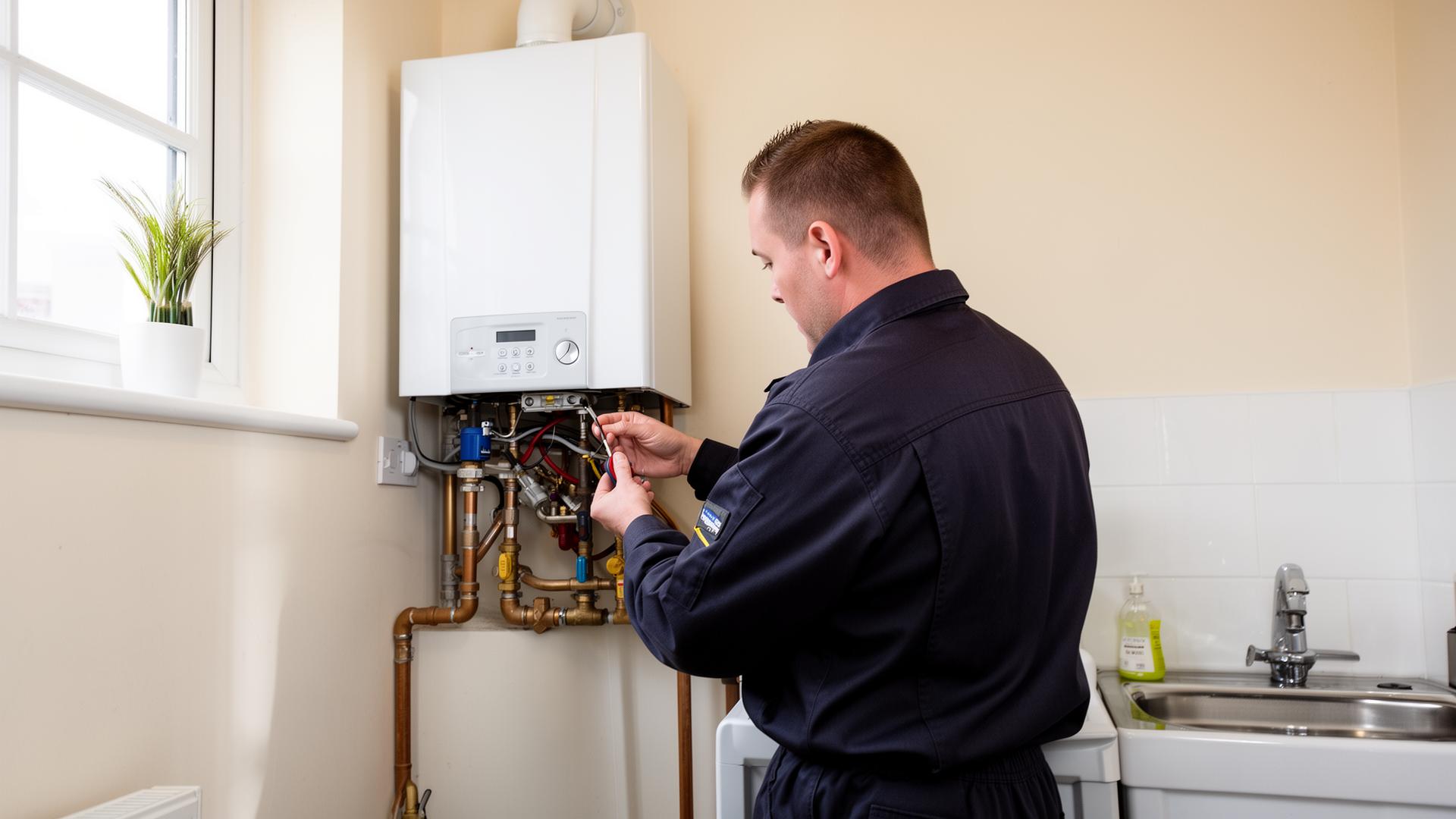 Gas Safe engineer servicing a wall-mounted boiler